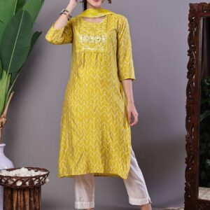 Women's Mustard Yellow Chevron Print Chanderi Kurta Set with Mirror Work Suit Sets
