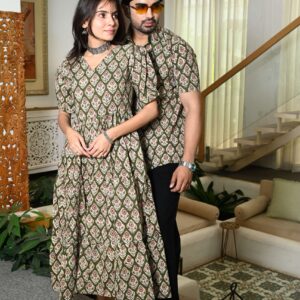 Couple Matching Green Cotton Anarkali Midi Dress and Shirt Set ? Ethnic Motif Print